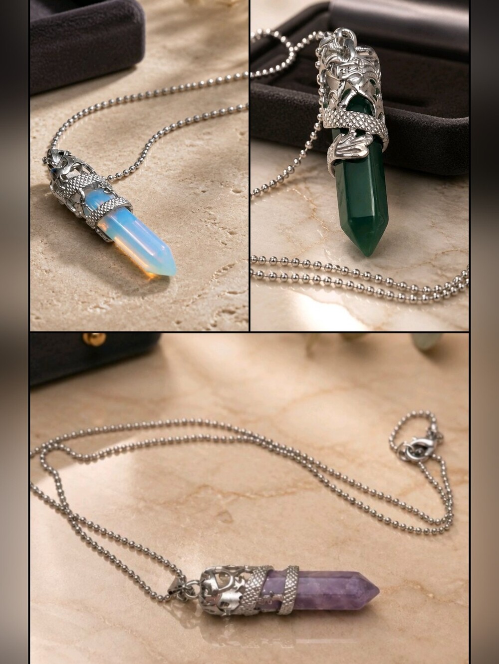 Natural Quartz Dragon Wrapped Crystal Point Pendant Necklaces~New